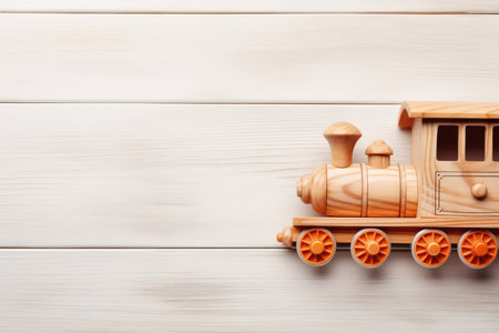Wooden toy train locomotive on brown background with copy space. Road trip, travel, vacation concept. Educational development toy for kidsの素材