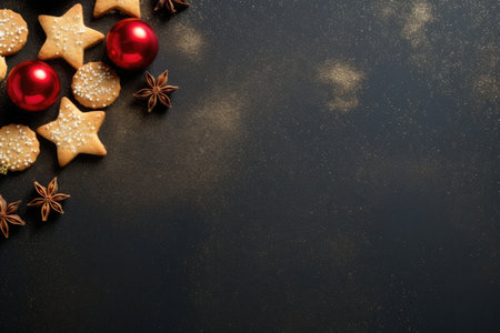 Top view of Christmas cookies with fir tree branches, gingerbread cookies and cinnamon on dark background with copy space. Christmas greeting card for recipe and holiday conceptの素材