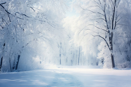 Blue winter nature background of snowy forest among trees in snow outdoorsの素材