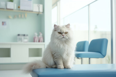 Portrait of a cat patient in vet clinic visit a veterinarian doctor for medical exam. Veterinary animal healthcare, check up and vaccination concept.の素材