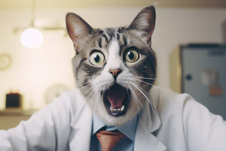 Portrait of shocked surprised cat in vet clinic wearing white doctor medical uniform. Veterinary animal healthcare, check up and vaccination concept.の素材