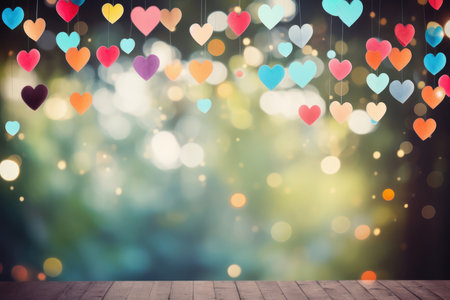 Multicolor colorful heart hanging above wooden table on defocused festive bokeh background with copy space. Abstract Valentines Card. Valentines day and love concept.の素材