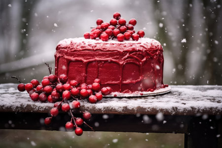 Red Christmas cake glazed and decorated with cream and rowan on wooden table in nature outdoors. Pastries for Christmas and New Year. Holiday baking food concept.の素材