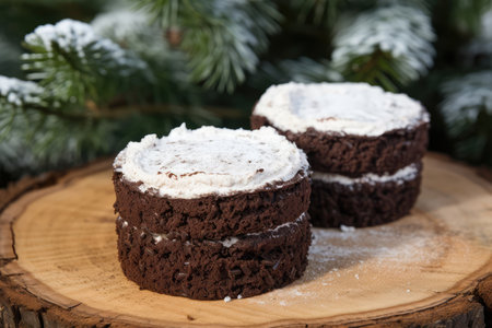 Homemade cake with Christmas tree decorations on festive table with dark background with copy space. Holiday baking food and new year celebration concept.の素材