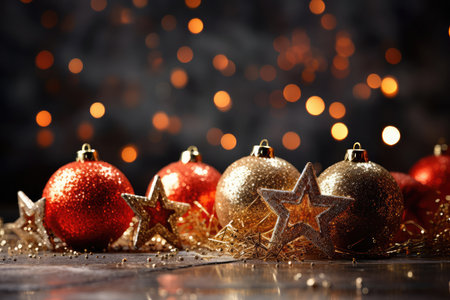 Red Christmas tree toy balls with festive golden bokeh background. New Year celebration, Christmas greeting card and holiday sale concept.の素材