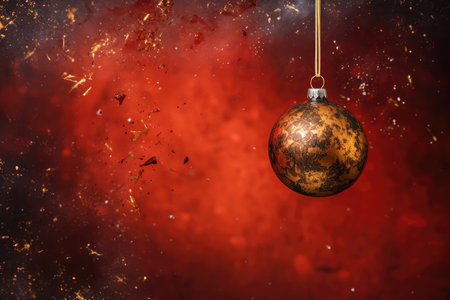 Golden Christmas tree toy ball with festive red background with copy space. New Year celebration, Christmas greeting card and holiday sale concept.の素材