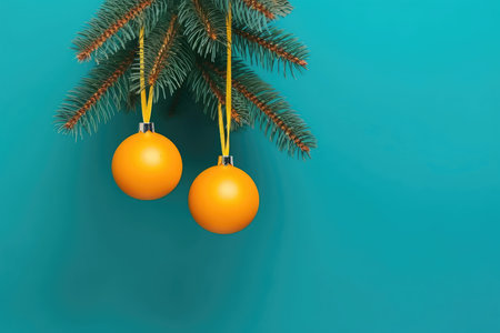 Green Christmas tree fir branches with orange tree toy ball on blue background. New Year celebration and winter holiday. Christmas greeting card and sale concept.の素材