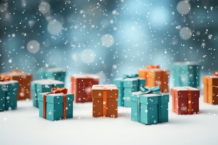 Blue and gold present gift boxes on festive dark blue bokeh background with winter snow, snowflakes with copy space. Christmas winter holiday sale concept. Greeting card.の素材