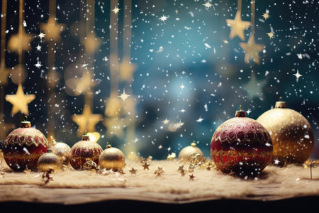 Golden Christmas tree toy balls on festive dark blue bokeh background with sparkle star confetti. New Year celebration, Christmas greeting card and holiday sale concept.の素材