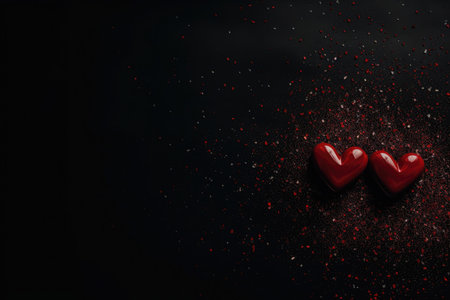 Red hearts on a black background for Happy Valentine's Day top view with copy space for text. Hearts frame abstract background on black texture, flat lay. Hearts Love patternの素材