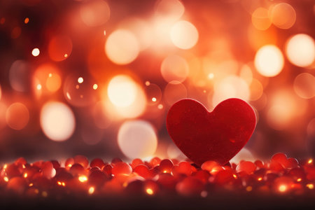 Red hearts on defocused festive dark black bokeh background with copy space. Hearts abstract background and love pattern. Valentines day and love concept.の素材