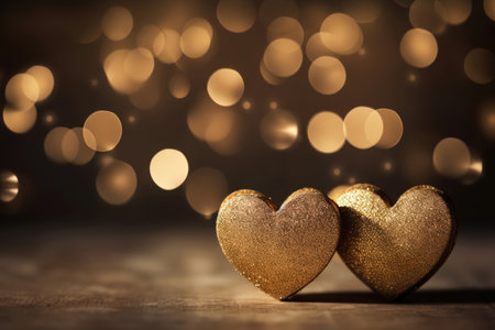 Golden glittering shiny hearts on defocused festive bokeh background with copy space. Abstract Valentines Card. Valentines day and love concept.の素材