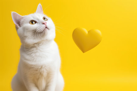 Portrait of a cute little white fluffy domestic cat on a yellow background with love heart and with copy space. Greeting card for holiday. Animals and Valentines day concept.の素材