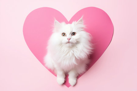 Portrait of a cute little white fluffy domestic cat on a pink background with love hearts and with copy space. Greeting card for holiday. Animals and Valentines day concept.の素材