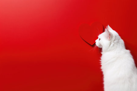Portrait of a cute little white fluffy domestic cat on a red background with love heart and with copy space. Greeting card for holiday. Animals and Valentines day concept.の素材