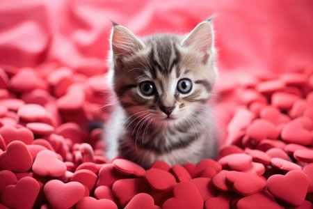 Portrait of a cute little gray stripped fluffy domestic cat on a red background with love hearts and with copy space. Greeting card for holiday. Animals and Valentines day concept.の素材