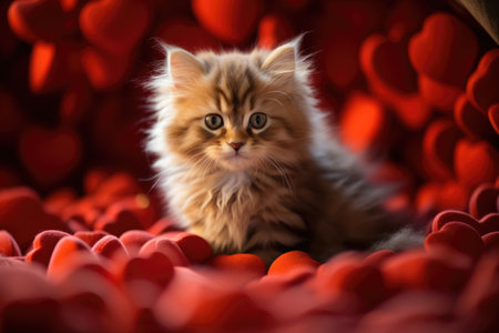 Portrait of a cute little stripped fluffy domestic cat on a red background with love hearts and with copy space. Greeting card for holiday. Animals and Valentines day concept.の素材