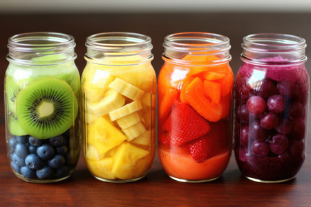Pieces of berries and fruits for making smoothies with vitamins, homemade mixed refreshing fruit beverage, healthy juicy vitamin drink on wooden background. Diet or vegan food concept.の素材