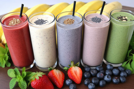 Berry fresh organic smoothie with vitamins, homemade mixed refreshing fruit beverage, healthy juicy vitamin drink on wooden background. Diet or vegan food concept.の素材