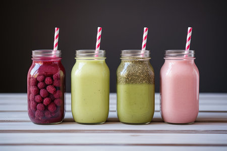 Berry fresh organic smoothie with vitamins, homemade mixed refreshing fruit beverage, healthy juicy vitamin drink on wooden background. Diet or vegan food concept.の素材