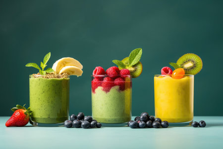 Berry fresh colorful organic smoothie with vitamins, homemade mixed refreshing fruit beverage, healthy juicy vitamin drink on green background. Diet or vegan food concept.の素材