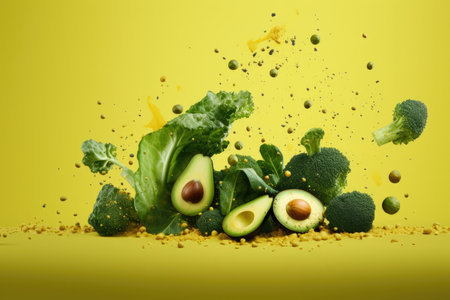 Fresh green vegetables avocado and broccoli with lettuce on yellow background, space for textの素材