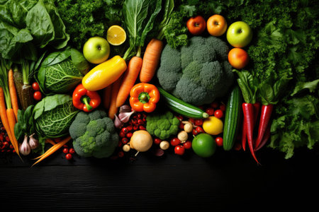 Fresh raw vegetable ingredients for healthy cooking for salad on wooden table on dark black background with copy space. Diet or vegetarian food concept.の素材