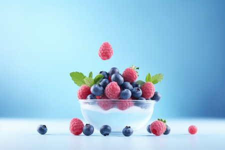 Fresh juicy berries raspberry, blueberry in a glass bowl on blue background. Diet, healthy nutrition concept.の素材