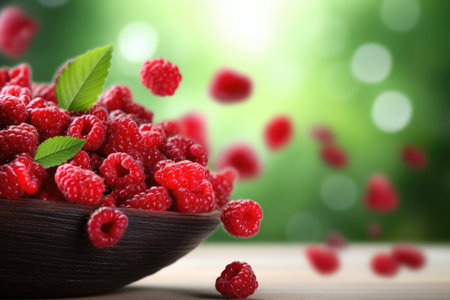 Fresh juicy raspberry in a wooden bowl on table on summer green grass background with copy space. Diet, healthy nutrition concept.の素材