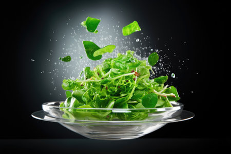 Green fresh lettuce leaf in a glass bowl on dark black background. Food levitation. Diet and healthy nutrition concept.の素材