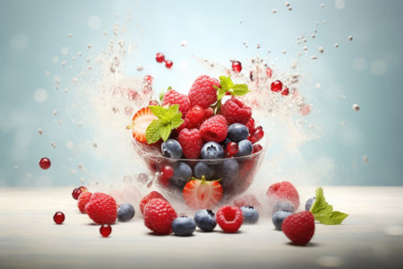 Fresh juicy berries strawberry,raspberry, blueberry in a glass bowl on blue background. Diet, healthy nutrition concept.の素材