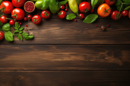 Fresh raw vegetable ingredients for healthy cooking on wooden table on dark background with copy space. Diet or vegetarian food concept.の素材