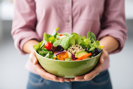 Hands of a young woman holding healthy salad bowl with fresh green lettuce leaf, tomato and cucumber standing in kitchen at home. Diet, healthy nutrition and lifestyle concept.の素材