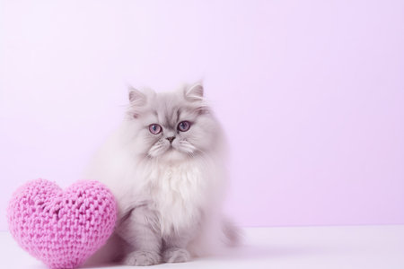 Portrait of a cute little fluffy domestic cat on a pink background with knitted love heart and with copy space. Greeting card for holiday. Animals and Valentines day concept.の素材