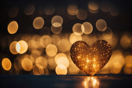 Golden glittering shiny hearts on defocused festive bokeh background with copy space. Abstract Valentines Card. Valentines day and love concept.の素材