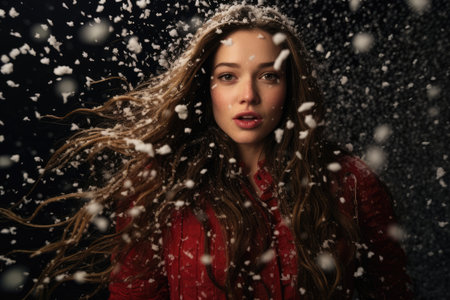 Close-up winter fashion portrait of young beautiful girl in snowy weather on dark black background with copy space.の素材