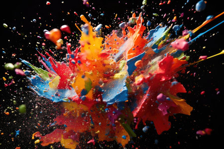 Abstract vibrant multicolor wet paint splash of drops isolated on black background. Abstract colorful splashingの素材