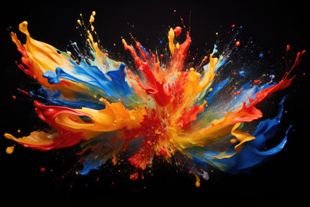 Abstract vibrant multicolor wet paint splash of drops isolated on black background. Abstract colorful splashingの素材
