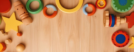 Top view of kids toys frame on wooden background with copy space. Educational development toy for kids. Children leisure and entertainment conceptの素材
