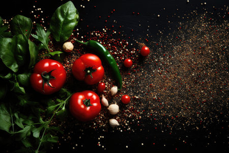 Top view of tomato on dark black background with various spices and herbs. Top view of food ingredients.の素材