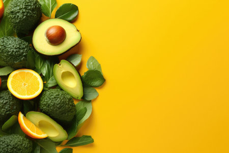 Top view of fresh green vegetables avocado and lemon with lettuce on yellow background, space for textの素材