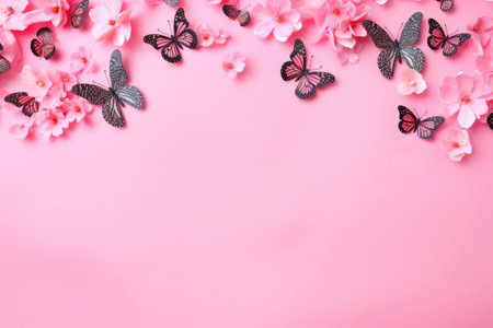 Pink and black butterflies on a summer background with flowers and copy space for text. Frame for greeting card. Top view. spring background.の素材
