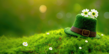 Green hat with flowers leaves on green grass background with copy space for text. St. Patrick's Day celebration concept. Happy Saint Patrick's Day greeting cardの素材