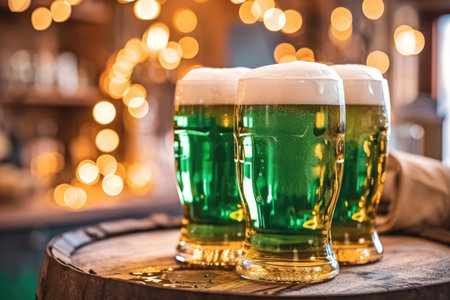 Green beer on wooden festive table, with copy space for text. St. Patrick's Day celebration concept. Happy Saint Patrick's Day greeting cardの素材
