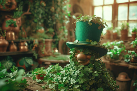 Leprechaun in green hat, shamrock and clover leaves with copy space for text. St. Patrick's Day celebration concept. Happy Saint Patrick's Day greeting cardの素材