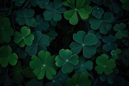 Green shamrock and clover leaves background. St. Patrick's Day celebration concept. Happy Saint Patrick's Day greeting cardの素材
