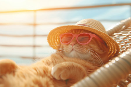 Funny cat wearing sunglasses and beach hat relaxing sitting on deckchair in the sea shore having a rest on vacation trip. Summer holiday and travelling concept.の素材