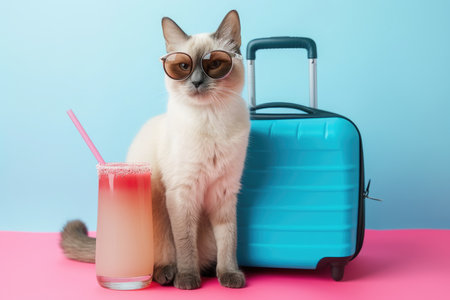 Funny cat tourist in sunglasses standing with fresh juicy cocktail and suitcase going on summer holiday trip on blue and pink studio background. Vacation, travel and journey concept.の素材