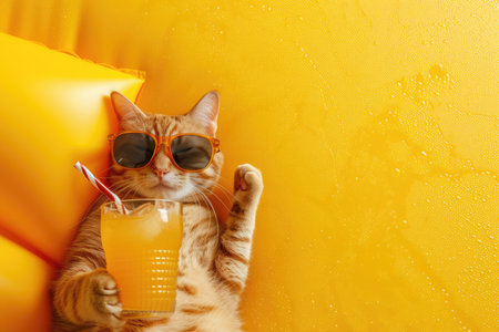 Funny cat in sunglasses relaxing on beach lying on inflatable mattress with closed eyes drinking orange juicy cocktail having rest on yellow background. Vacation trip and summer holiday concept.の素材
