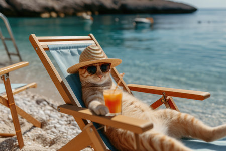 Funny cat wearing sunglasses and beach hat relaxing sitting on deckchair in the sea shore with orange juicy cocktail. Vacation trip and summer holiday concept.の素材